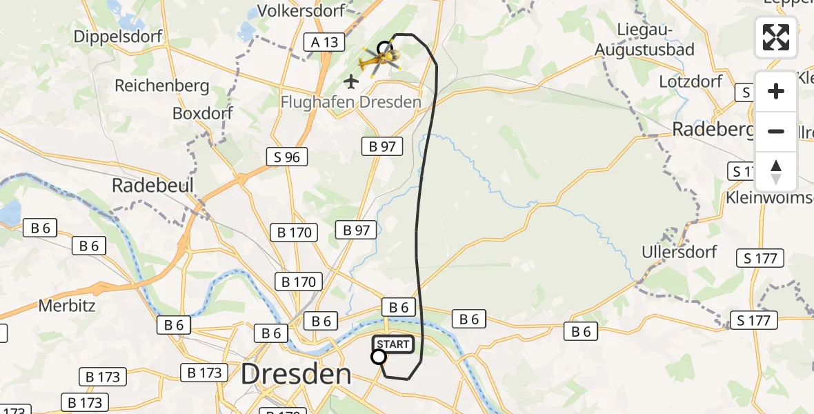 Flugroute Rettungshubschrauber Dresden University Hospital - Dresden Bundespolizei Hubschrauberlandeplatz, 24 Mai 2026, 14:38