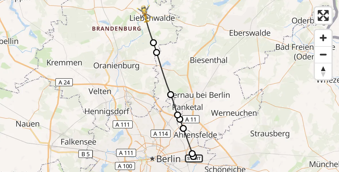 Flugroute Rettungshubschrauber Berlin Emergency Hospital - Liebenwalde, 24 Mai 2026, 14:38
