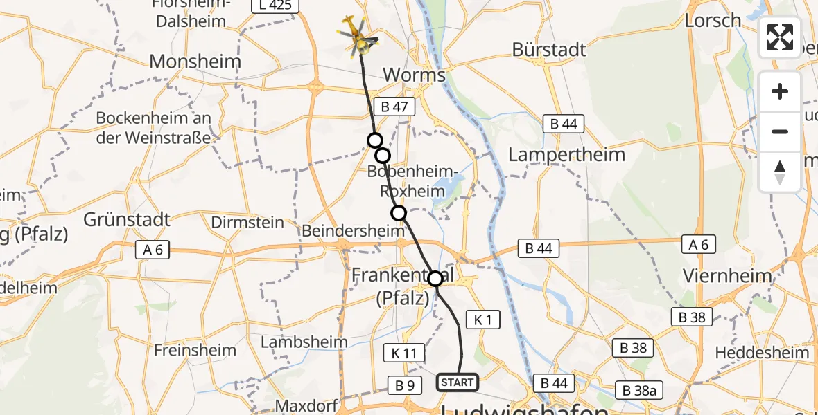 Flugroute Rettungshubschrauber Ludwigshafen am Rhein - Worms, 24 Mai 2026, 14:40