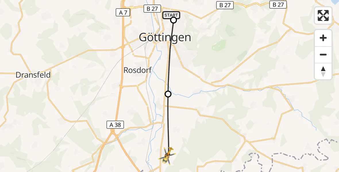Flugroute Rettungshubschrauber Göttingen University Clinic Hubschrauberlandeplatz - Friedland, 24 Mai 2026, 14:43