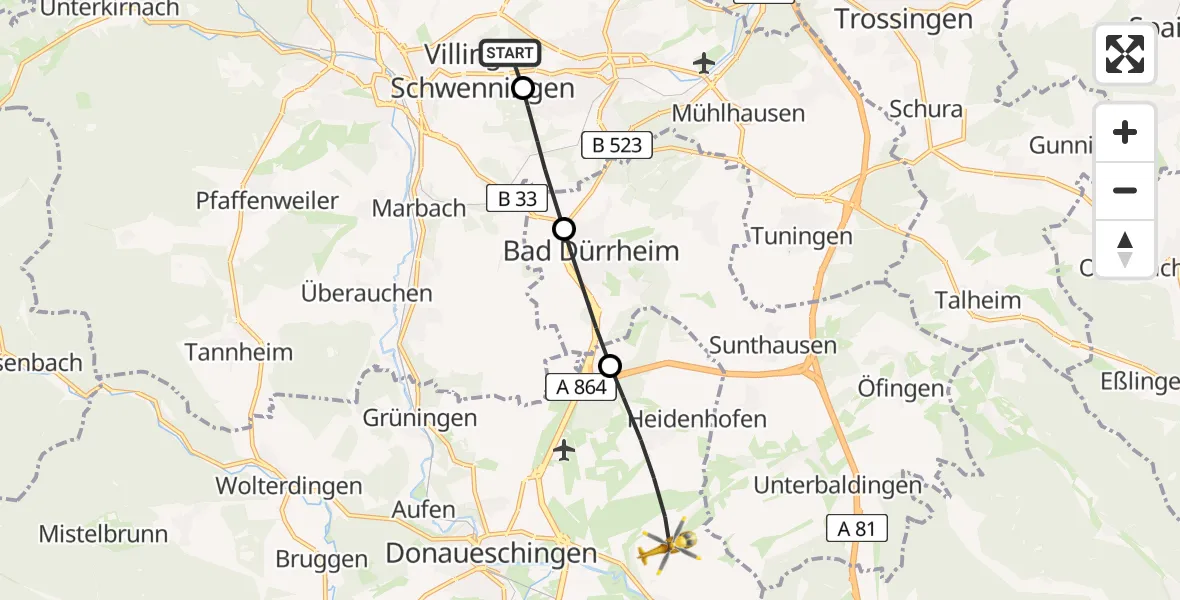 Flugroute Ambulanzhubschrauber DRF Air Rescue Station Villingen-Schwenningen Hubschrauberlandeplatz (Christoph 11) - Donaueschingen, 24 Mai 2026, 14:48
