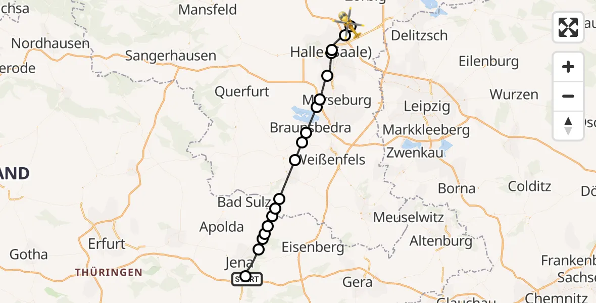 Flugroute Ambulanzhubschrauber Jena University Hospital - Halle-Oppin Flugplatz, 24 Mai 2026, 14:48