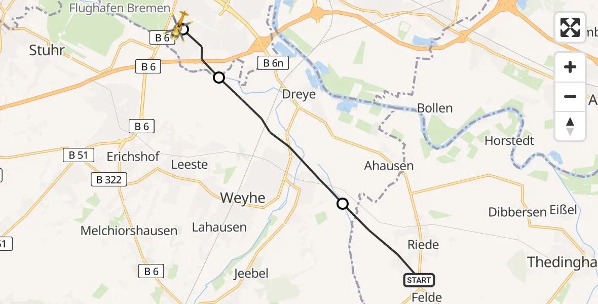 Flugroute Rettungshubschrauber Riede - ADAC Air Rescue Station Bremen Hubschrauberlandeplatz (Christoph 6), 24 Mai 2026, 14:48