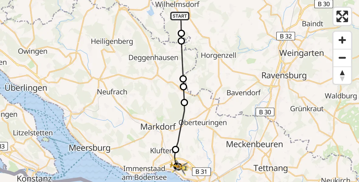 Flugroute Rettungshubschrauber Wilhelmsdorf - Friedrichshafen Hospital, 24 Mai 2026, 14:53