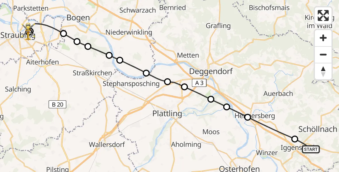 Flugroute Rettungshubschrauber Iggensbach - Sankt Elisabeth Hospital Straubing, 24 Mai 2026, 14:56