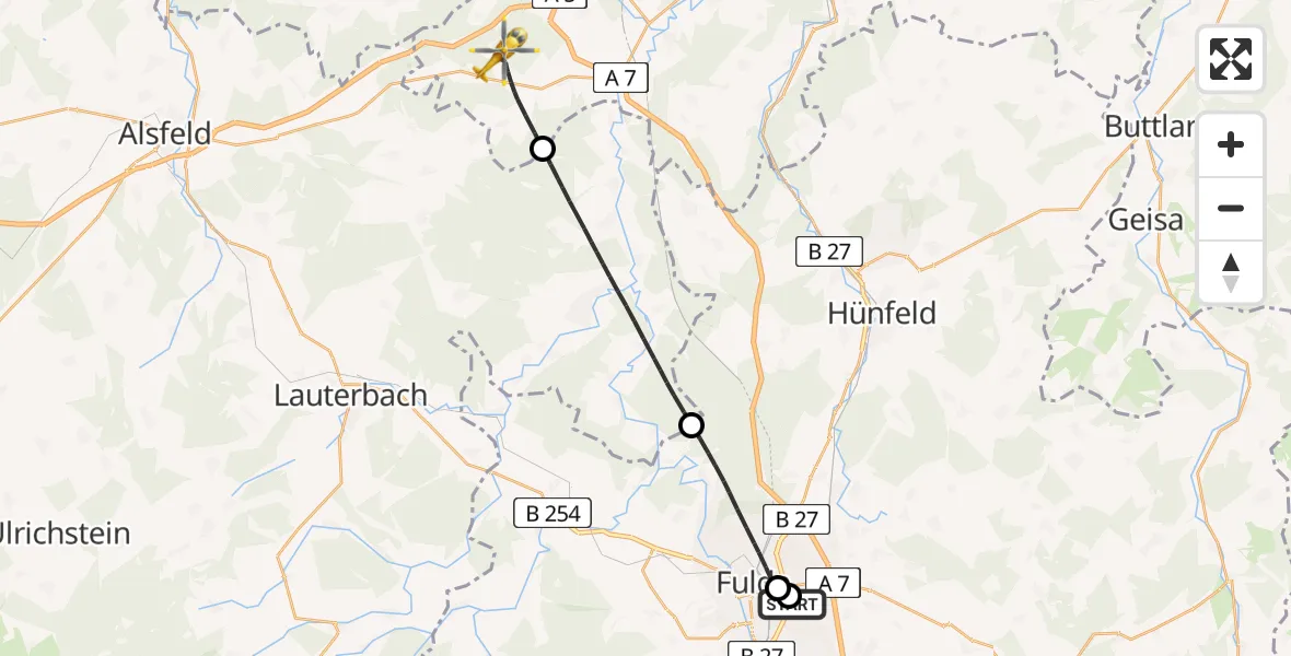 Flugroute Rettungshubschrauber Fulda Hospital - Breitenbach a.Herzberg, 24 Mai 2026, 15:02