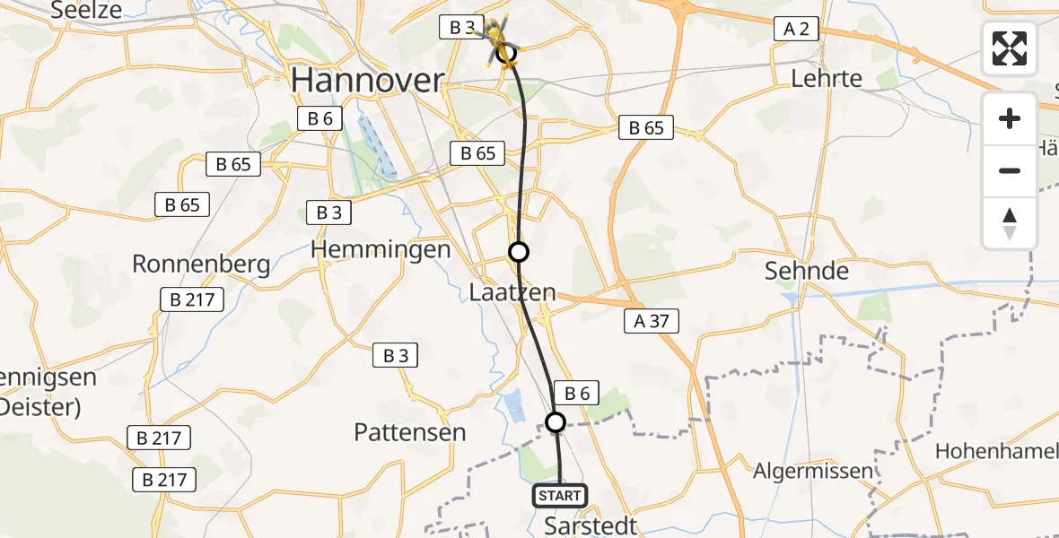 Flugroute Rettungshubschrauber Sarstedt - Hannover Luftrettung Hubschrauberlandeplatz (Christoph 4), 24 Mai 2026, 15:04