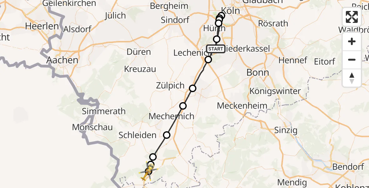 Flugroute Ambulanzhubschrauber Brühl - Dahlemer Binz Flugplatz, 24 Mai 2026, 15:04