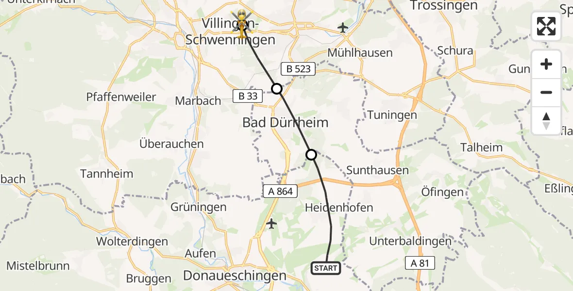 Flugroute Ambulanzhubschrauber Donaueschingen - DRF Air Rescue Station Villingen-Schwenningen Hubschrauberlandeplatz (Christoph 11), 24 Mai 2026, 15:12