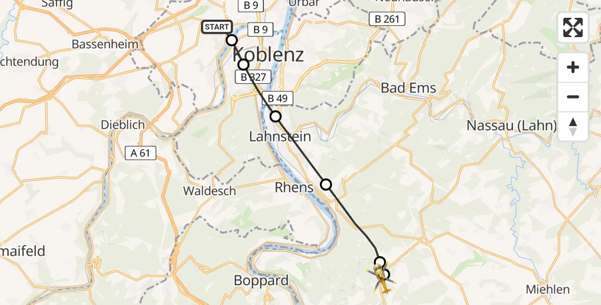 Flugroute Rettungshubschrauber Koblenz - Osterspai, 24 Mai 2026, 15:22
