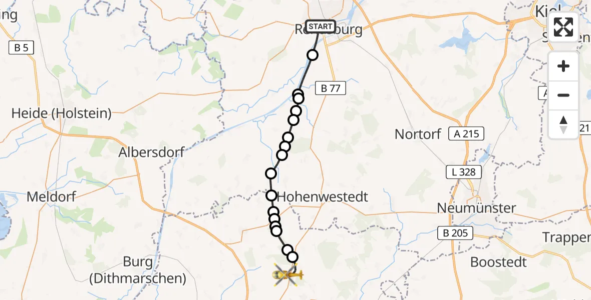 Flugroute Rettungshubschrauber Rendsburg - Itzehoe Hungriger Wolf Flugplatz, 24 Mai 2026, 15:24
