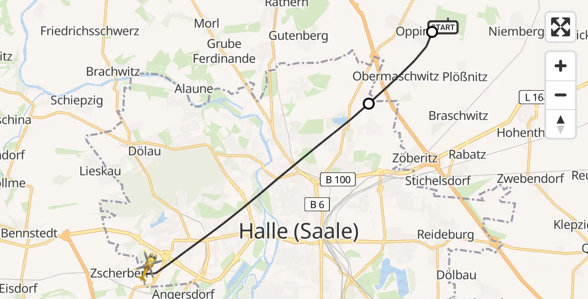 Flugroute Rettungshubschrauber Halle-Oppin Flugplatz - Halle (Saale), 24 Mai 2026, 15:24