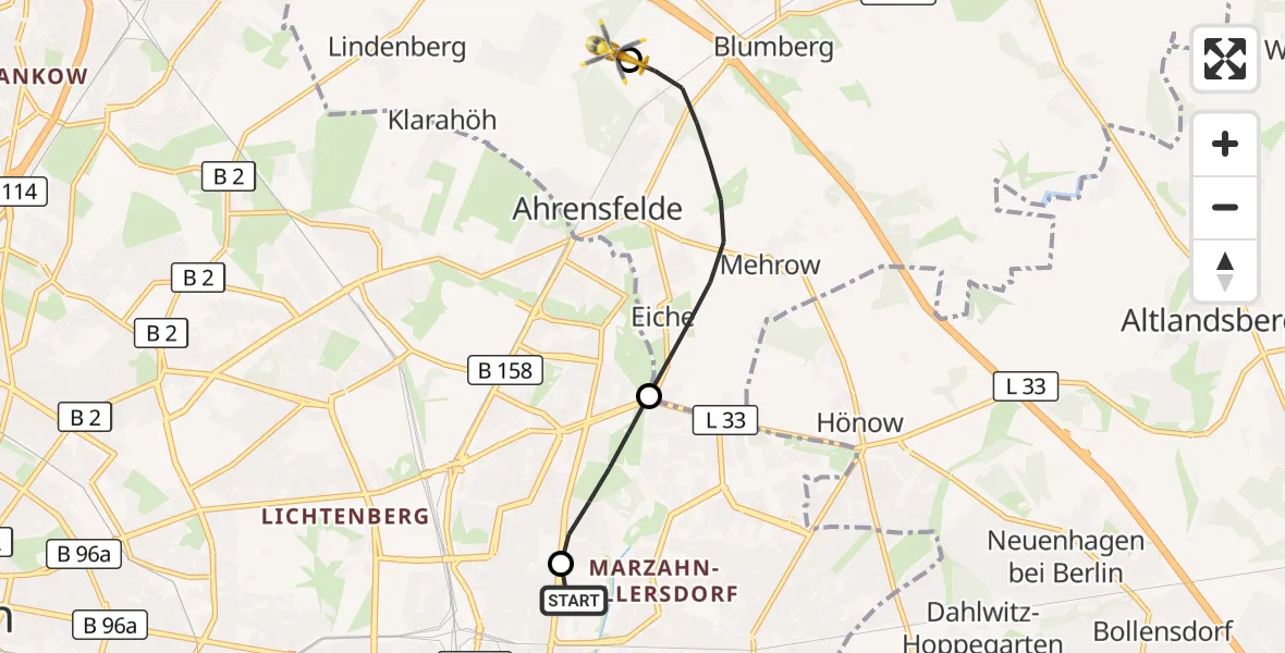 Flugroute Rettungshubschrauber Berlin Emergency Hospital - Ahrensfelde Hubschrauberlandeplatz, 24 Mai 2026, 15:25