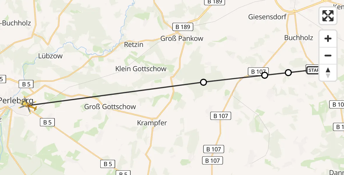 Flugroute Rettungshubschrauber Pritzwalk - Perleberg, 24 Mai 2026, 15:30