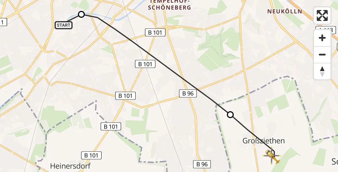 Flugroute Rettungshubschrauber Charité Clinic Benjamin Franklin Campus - Schönefeld, 24 Mai 2026, 15:32
