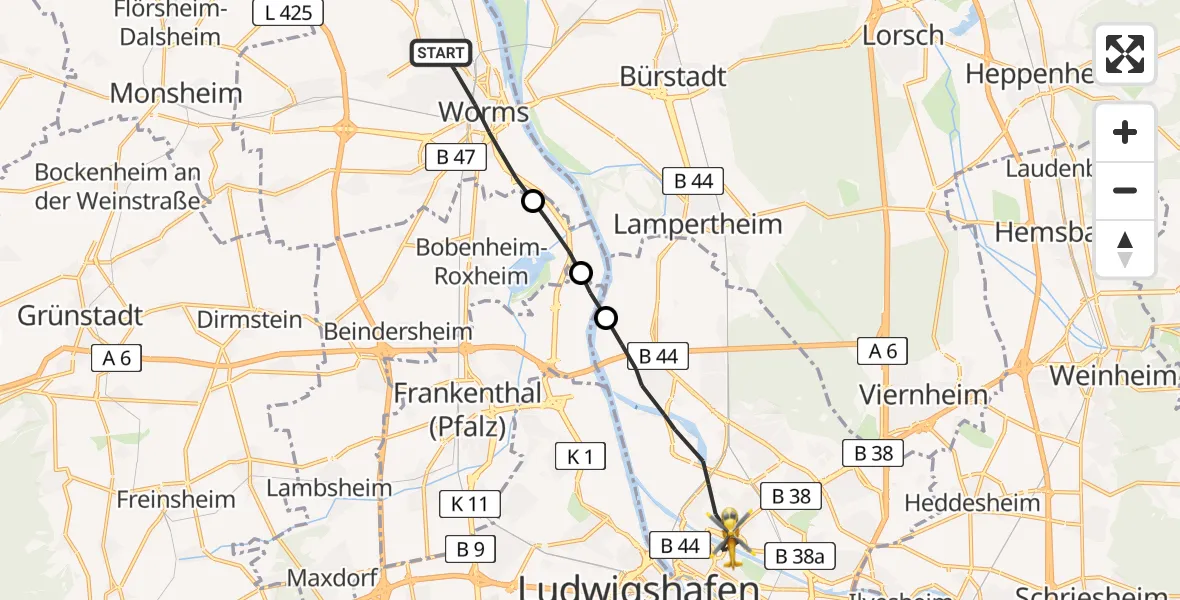 Flugroute Rettungshubschrauber Worms - Mannheim, 24 Mai 2026, 15:33