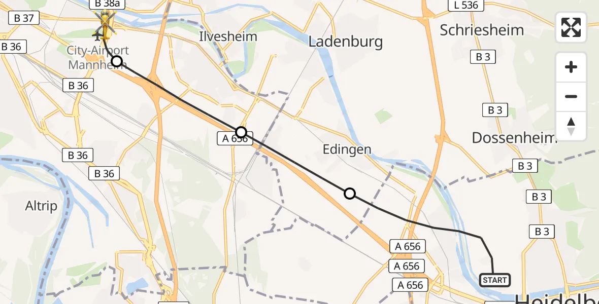 Flugroute Rettungshubschrauber Heidelberg - Mannheim-City Flughafen, 24 Mai 2026, 15:36