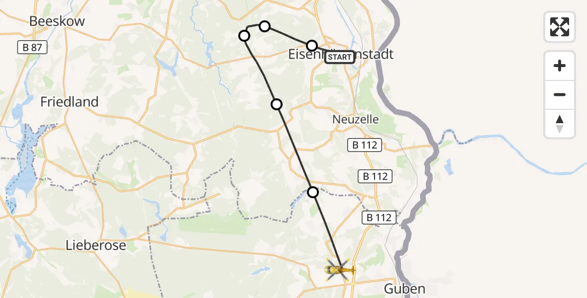 Flugroute Rettungshubschrauber Eisenhüttenstadt - Schenkendöbern, 24 Mai 2026, 15:36