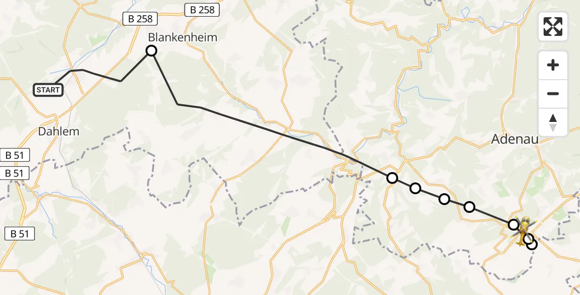 Flugroute Ambulanzhubschrauber Dahlem - Nürburgring Hubschrauberlandeplatz, 24 Mai 2026, 15:37