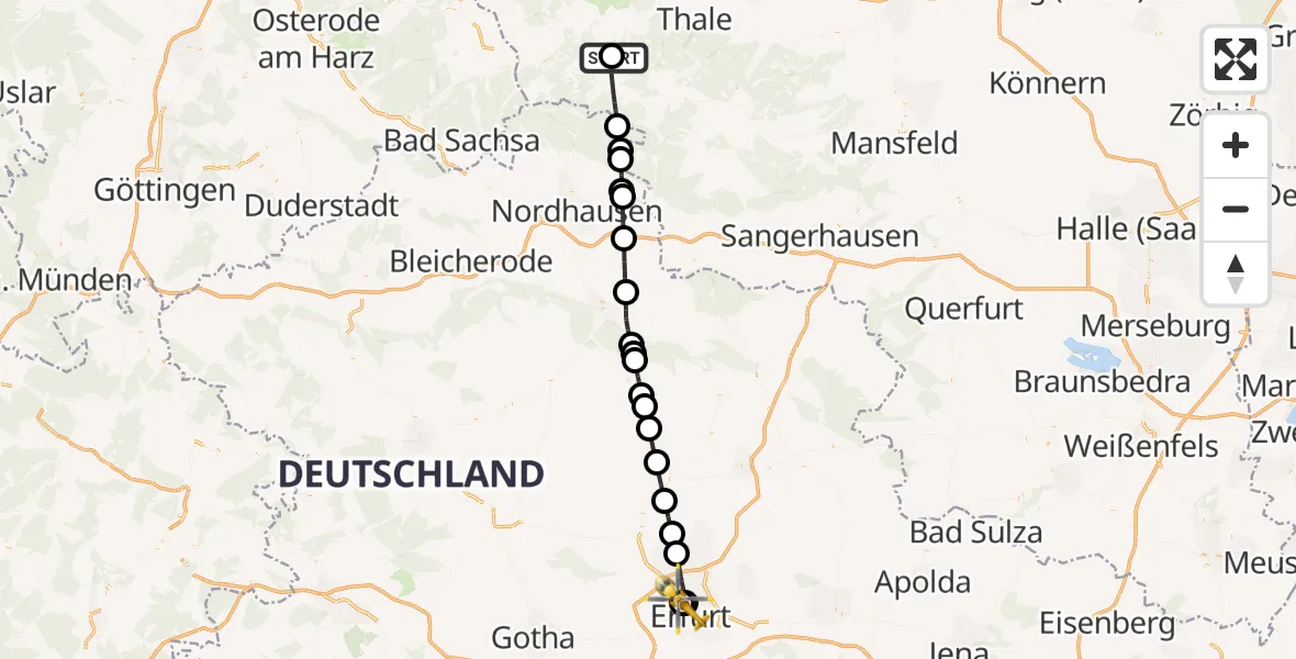 Flugroute Rettungshubschrauber Hasselfelde Flugplatz - Helios Clinic Erfurt, 24 Mai 2026, 15:40