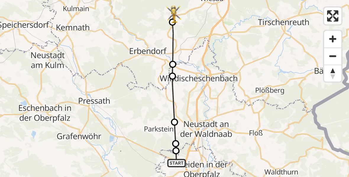 Flugroute Rettungshubschrauber Weiden i.d.OPf. - Friedenfels, 24 Mai 2026, 15:46