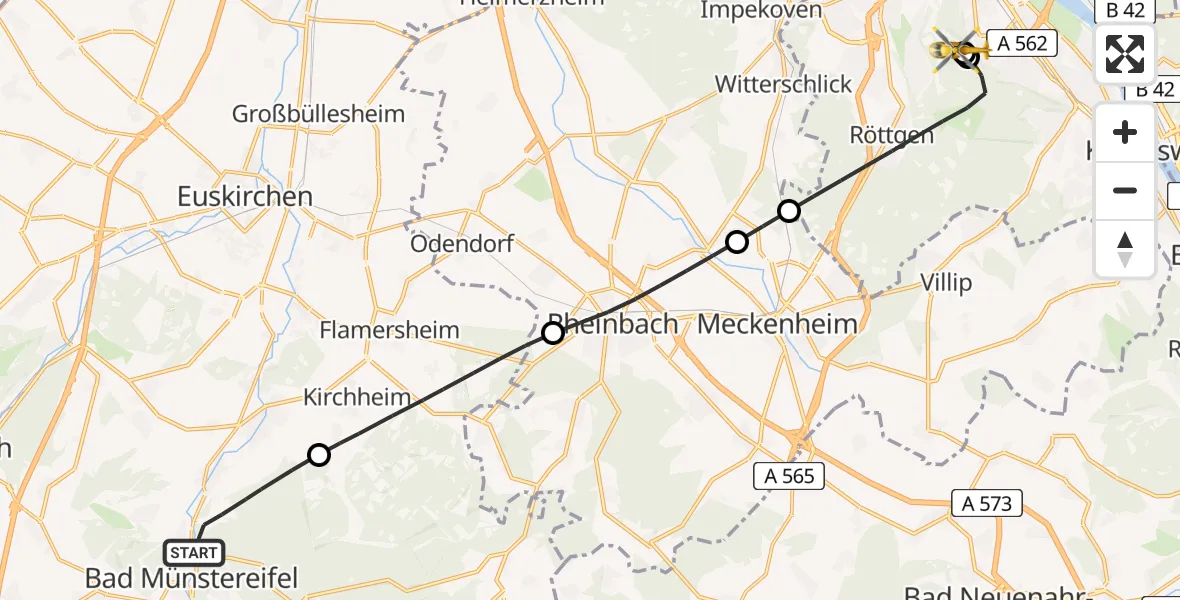 Flugroute Rettungshubschrauber Bad Münstereifel - Bonn University Hospital, 24 Mai 2026, 15:50