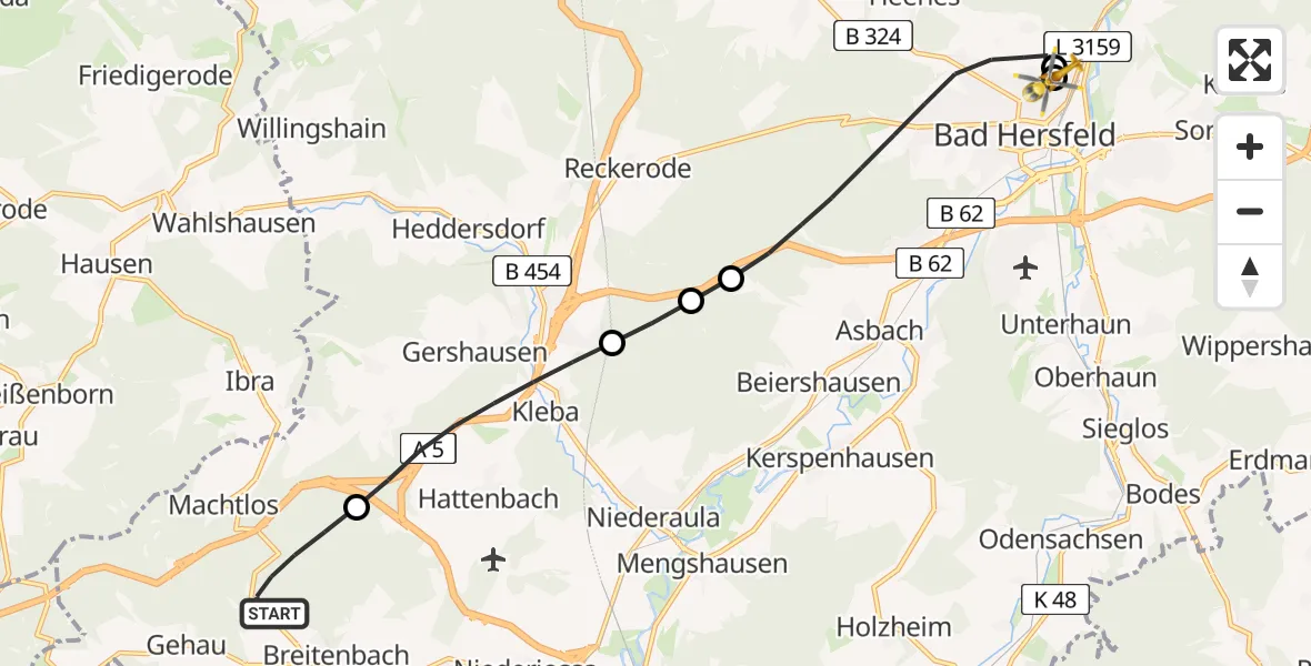 Flugroute Rettungshubschrauber Breitenbach a.Herzberg - Bad Hersfeld Hospital, 24 Mai 2026, 15:52
