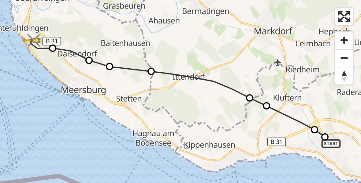 Flugroute Rettungshubschrauber Friedrichshafen Hospital - Meersburg, 24 Mai 2026, 15:53