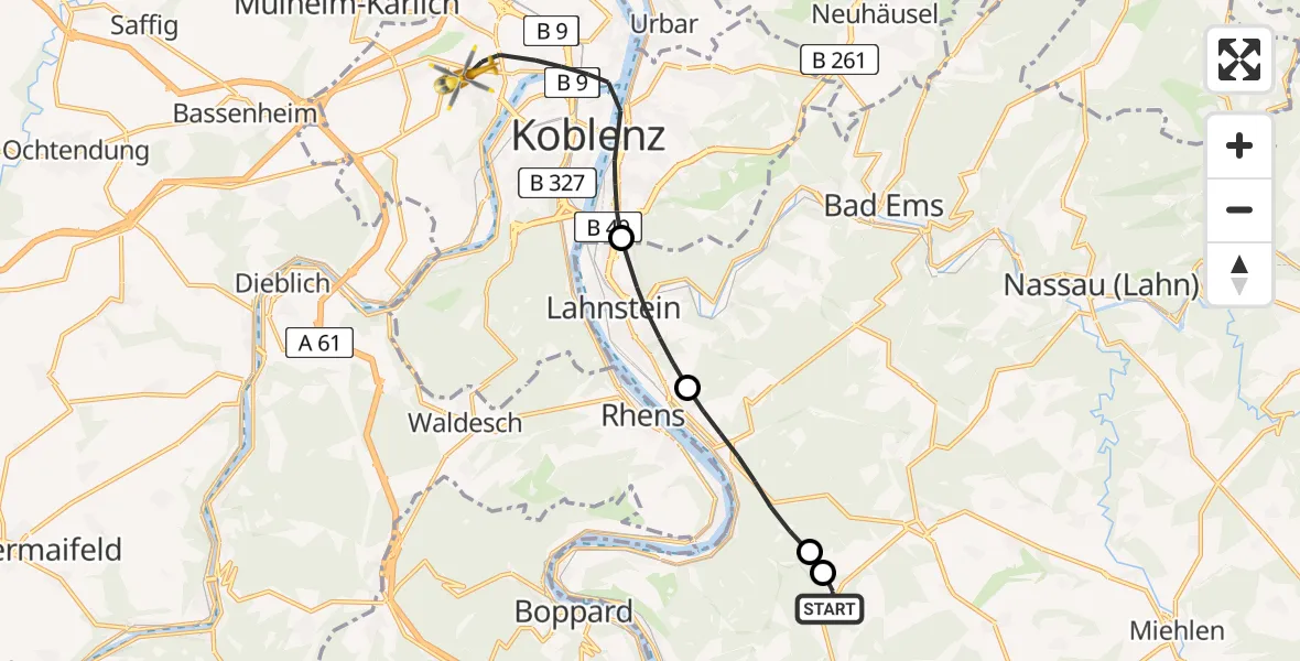 Flugroute Rettungshubschrauber Osterspai - Koblenz, 24 Mai 2026, 15:53