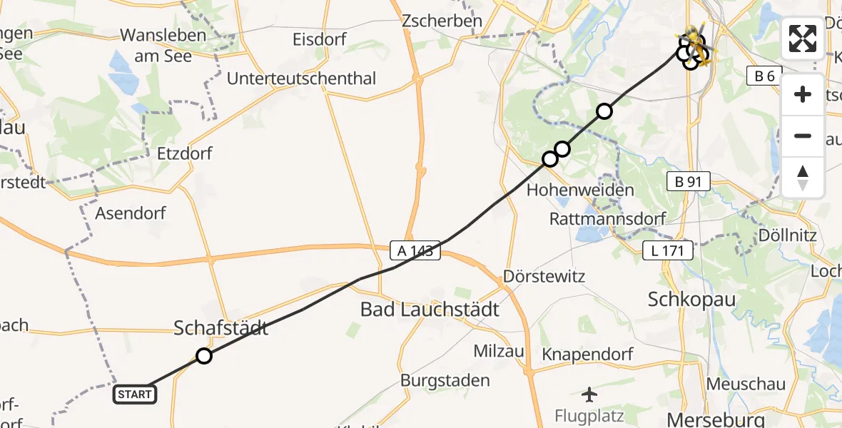 Flugroute Rettungshubschrauber Mücheln (Geiseltal) - BG Hospital Bergmannstrost Halle, 24 Mai 2026, 15:53