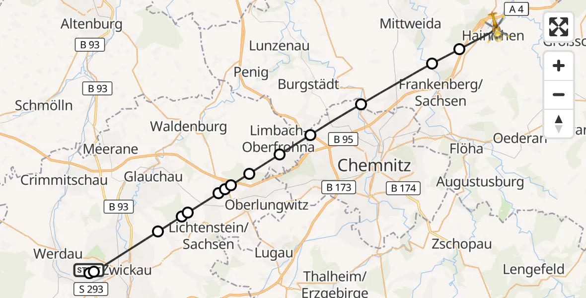 Flugroute Rettungshubschrauber ADAC Air Rescue Station Zwickau Hubschrauberlandeplatz - Hainichen, 24 Mai 2026, 15:54