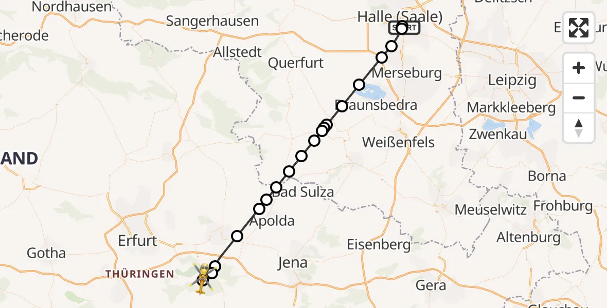 Flugroute Ambulanzhubschrauber BG Hospital Bergmannstrost Halle - Bad Berka Central Hospital, 24 Mai 2026, 16:01