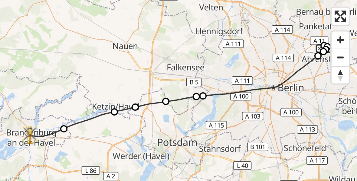 Flugroute Rettungshubschrauber Ahrensfelde Hubschrauberlandeplatz - Brandenburg an der Havel, 24 Mai 2026, 16:03