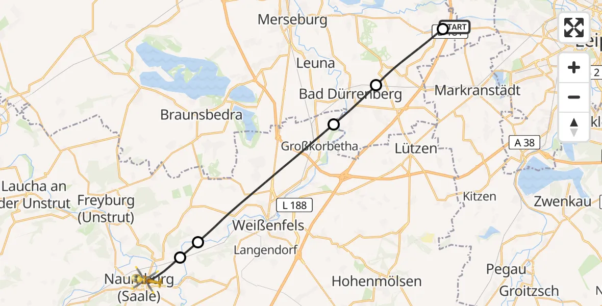 Flugroute Rettungshubschrauber ADAC Air Rescue Station Leipzig/Schkeuditz-Dölzig Hubschrauberlandeplatz (Christoph 61) - Naumburg Krankenhaus Hubschrauberlandeplatz, 24 Mai 2026, 16:09
