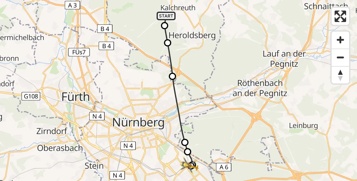 Flugroute Ambulanzhubschrauber Kalchreuth - Nürnberg South Hospital, 24 Mai 2026, 16:10