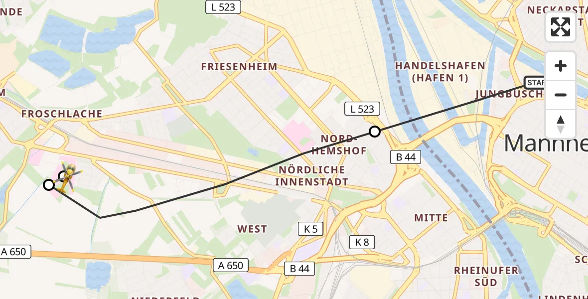 Flugroute Rettungshubschrauber Mannheim - Ludwigshafen Accident Hospital, 24 Mai 2026, 16:16