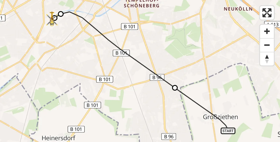 Flugroute Rettungshubschrauber Schönefeld - Charité Clinic Benjamin Franklin Campus, 24 Mai 2026, 16:25
