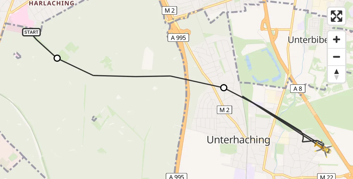 Flugroute Rettungshubschrauber ADAC Air Rescue Center Hubschrauberlandeplatz (Christoph 1) - Unterhaching, 24 Mai 2026, 16:28