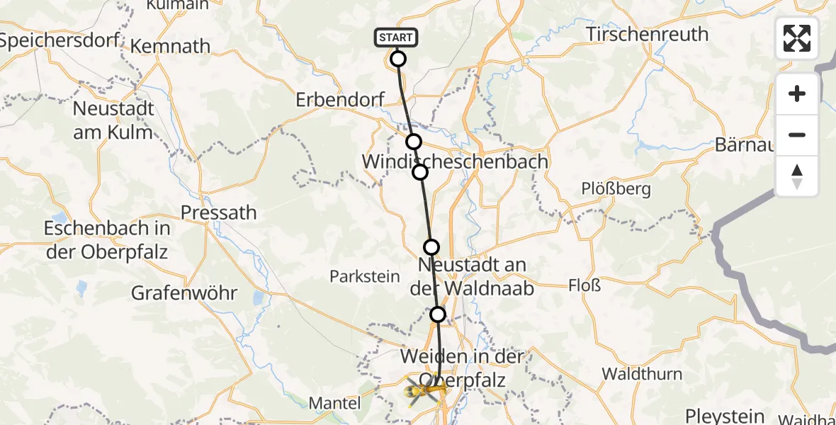 Flugroute Rettungshubschrauber Friedenfels - Weiden i.d.OPf., 24 Mai 2026, 16:30