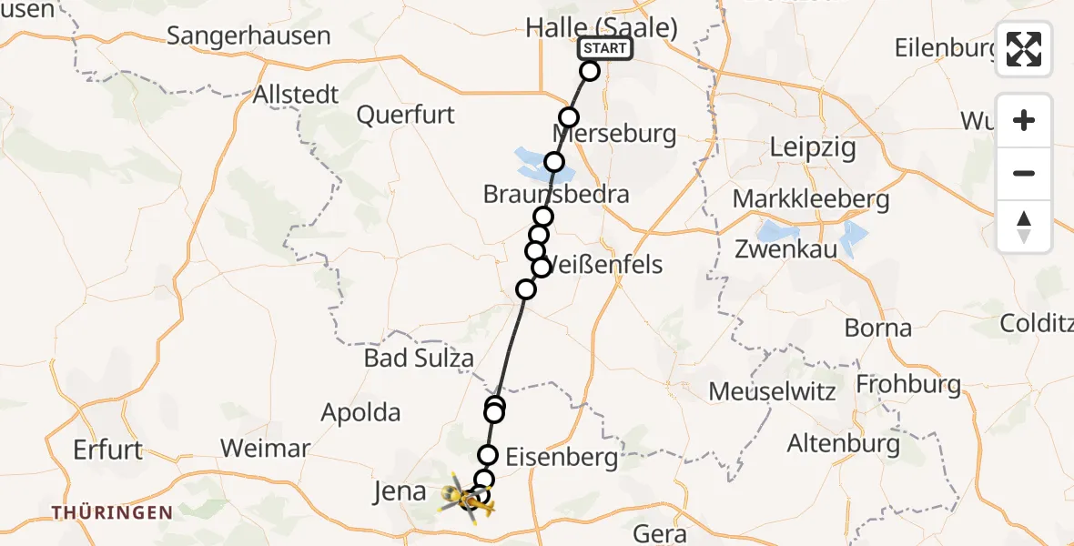 Flugroute Rettungshubschrauber Halle (Saale) - Jena-Schöngleina Flugplatz, 24 Mai 2026, 16:32