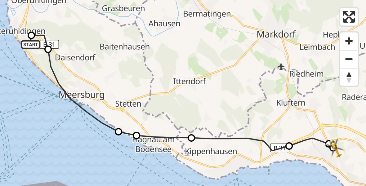 Flugroute Rettungshubschrauber Meersburg - Friedrichshafen Hospital, 24 Mai 2026, 16:35