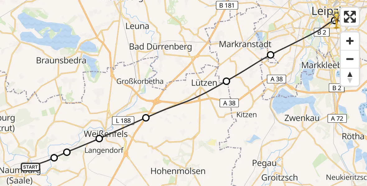 Flugroute Rettungshubschrauber Naumburg (Saale) - Leipzig University Hospital Heliport 1, 24 Mai 2026, 16:40