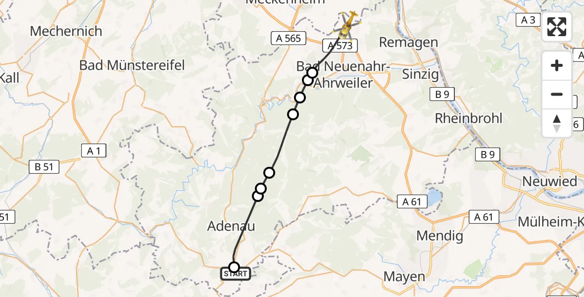 Flugroute Ambulanzhubschrauber Nürburgring Hubschrauberlandeplatz - Grafschaft, 24 Mai 2026, 16:41