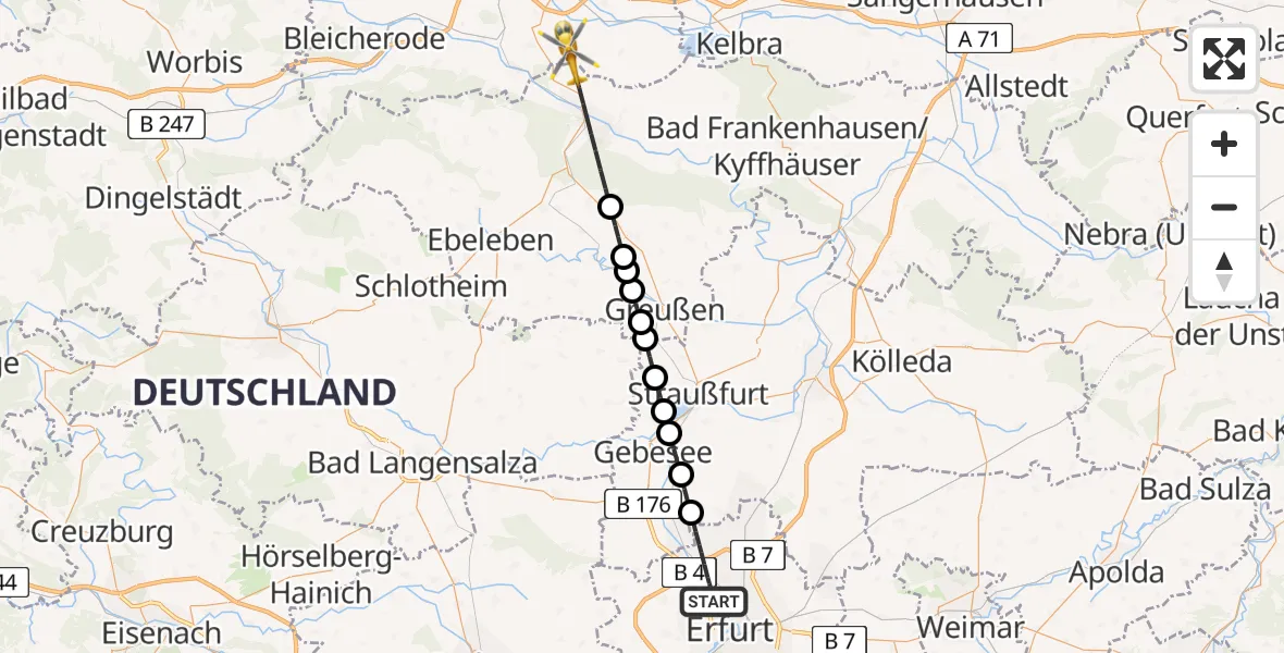 Flugroute Rettungshubschrauber Erfurt - Heringen/Helme, 24 Mai 2026, 16:44