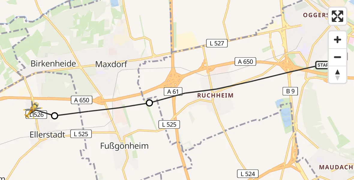 Flugroute Rettungshubschrauber Ludwigshafen am Rhein - Ellerstadt, 24 Mai 2026, 16:58