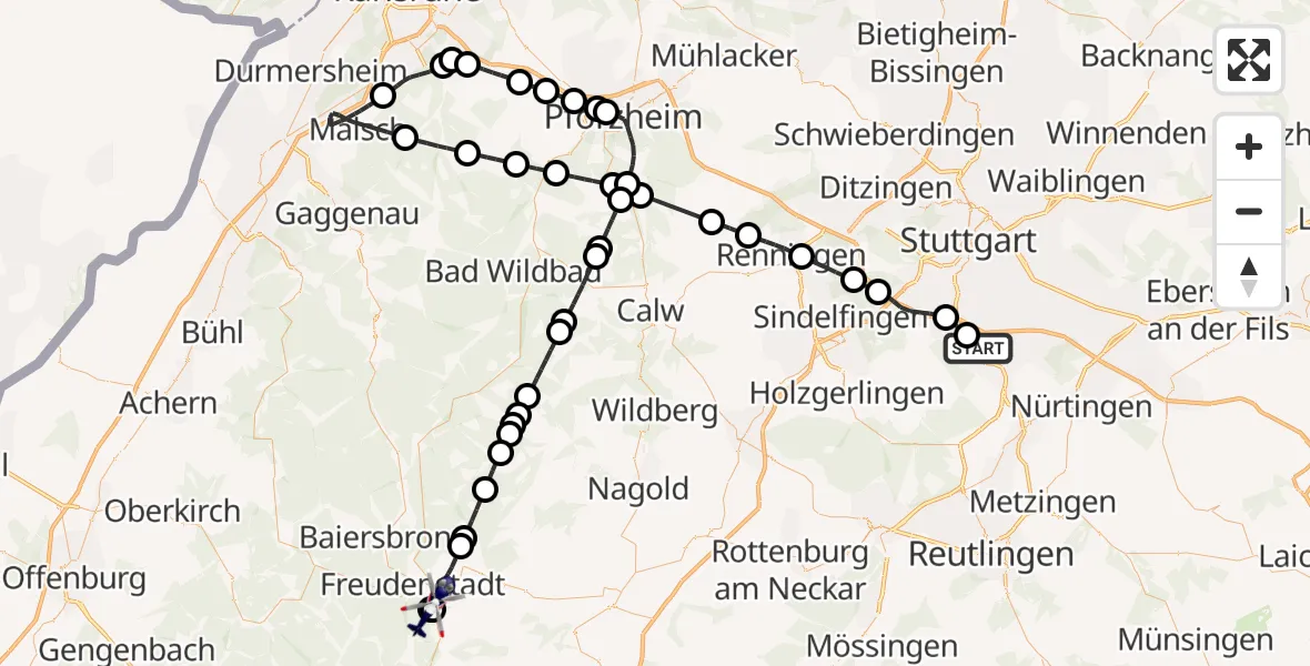 Flugroute Polizeihubschrauber Flughafen Stuttgart - Freudenstadt, 24 Mai 2026, 17:03