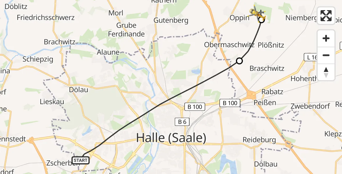 Flugroute Rettungshubschrauber Halle (Saale) - Halle-Oppin Flugplatz, 24 Mai 2026, 17:06