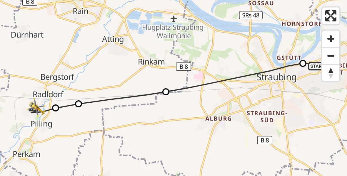 Flugroute Rettungshubschrauber Sankt Elisabeth Hospital Straubing - Perkam, 24 Mai 2026, 17:07