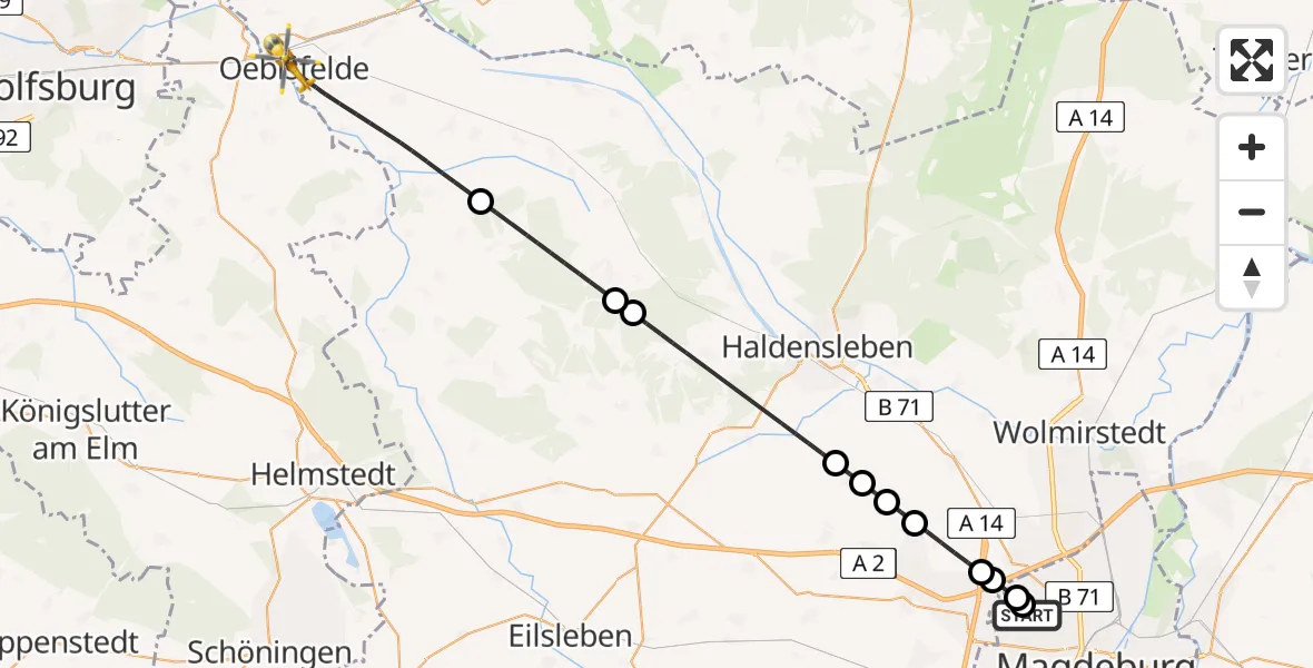 Flugroute Rettungshubschrauber Magdeburg Hospital - Oebisfelde-Weferlingen, 24 Mai 2026, 17:08