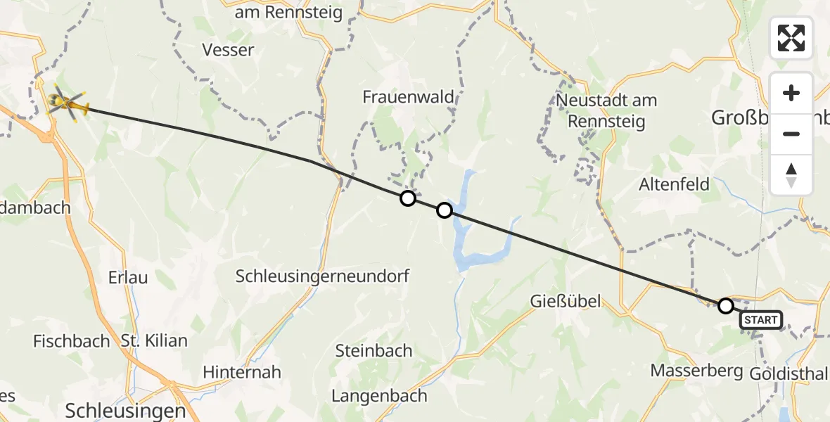Flugroute Rettungshubschrauber Katzhütte - Schleusingen, 24 Mai 2026, 17:13